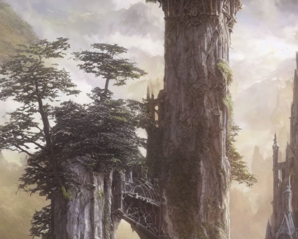 Fantastical castle on tall rock pillar amidst lush trees under cloudy sky