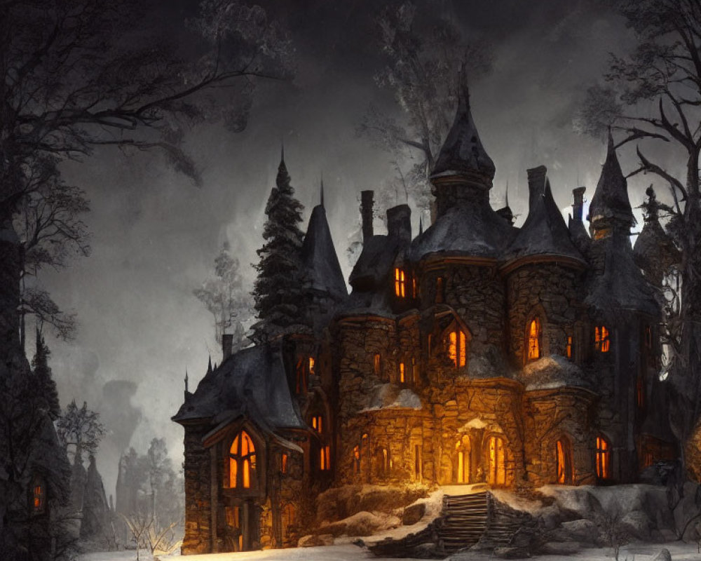 Gothic-style mansion in snowy night with bare trees