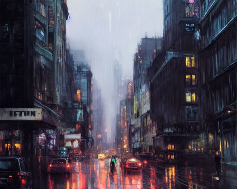 Rainy Dusk Cityscape with Wet Roads and Illuminated Buildings