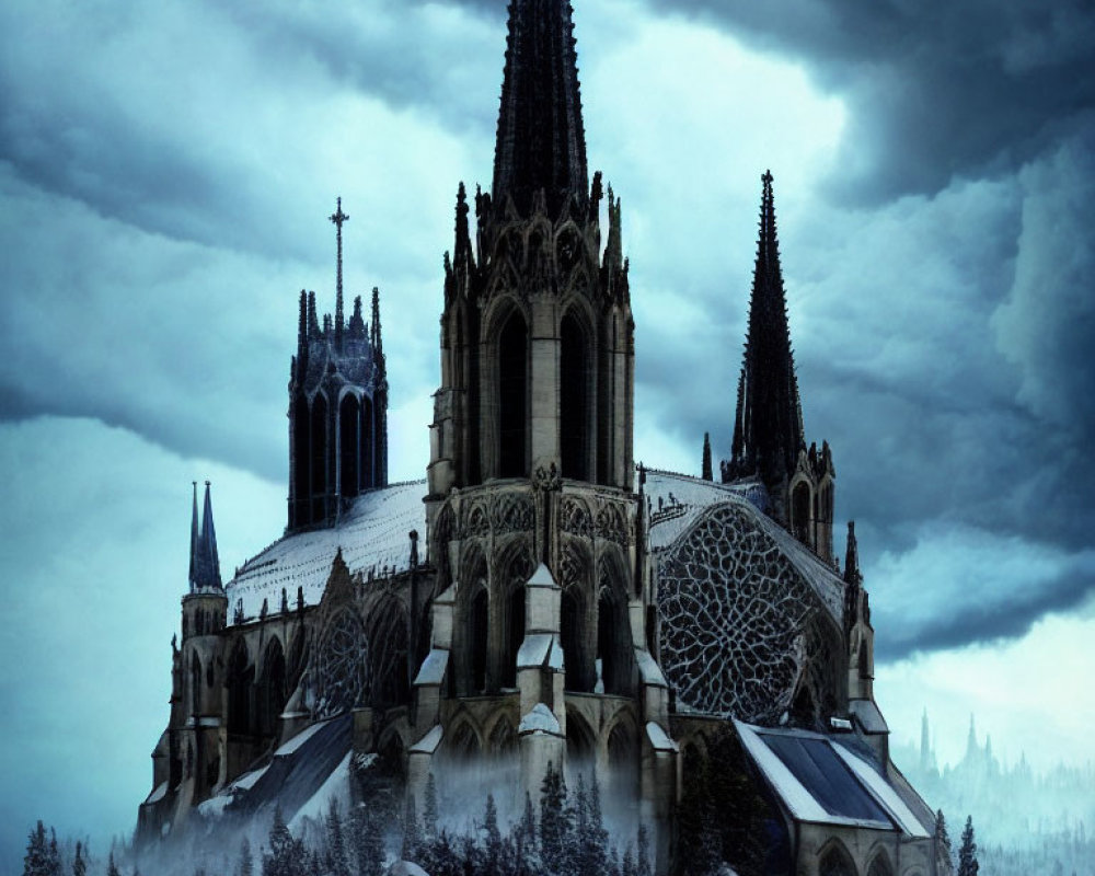 Gothic Cathedral in Winter Landscape under Dark Blue Sky