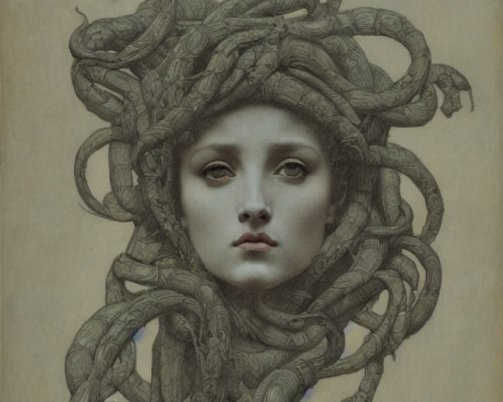 Surreal portrait of person with serpentine hair, reminiscent of Medusa, exuding eth