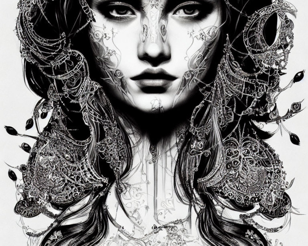 Monochrome illustration of woman with lace patterns and jewelry