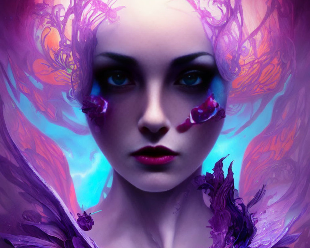 Violet-hued ethereal portrait of a woman with floral motifs