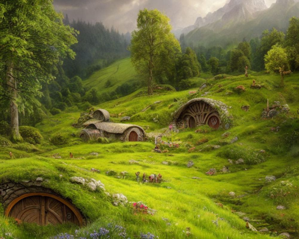 Lush green hills with hobbit-like houses under dramatic sky