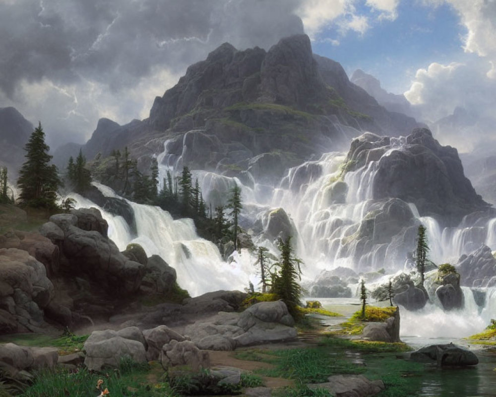 Majestic mountain with cascading waterfalls in lush landscape