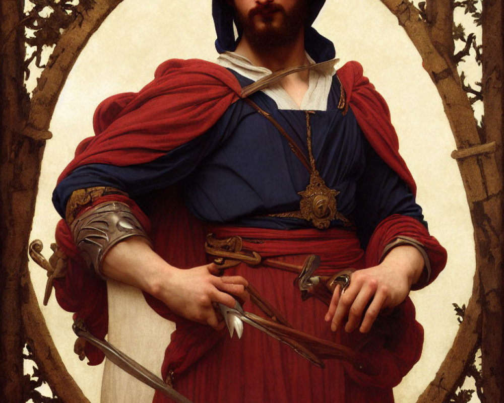 Bearded man in historical clothing with sword against ornate backdrop