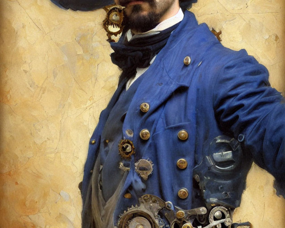 Steampunk-themed man in blue attire with gears and cogs poses confidently