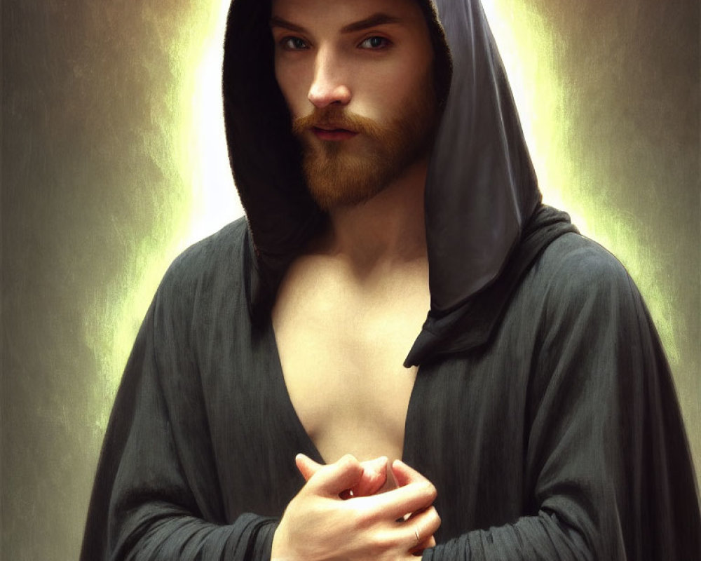 Bearded man in hooded cloak with clasped hands in warm glow