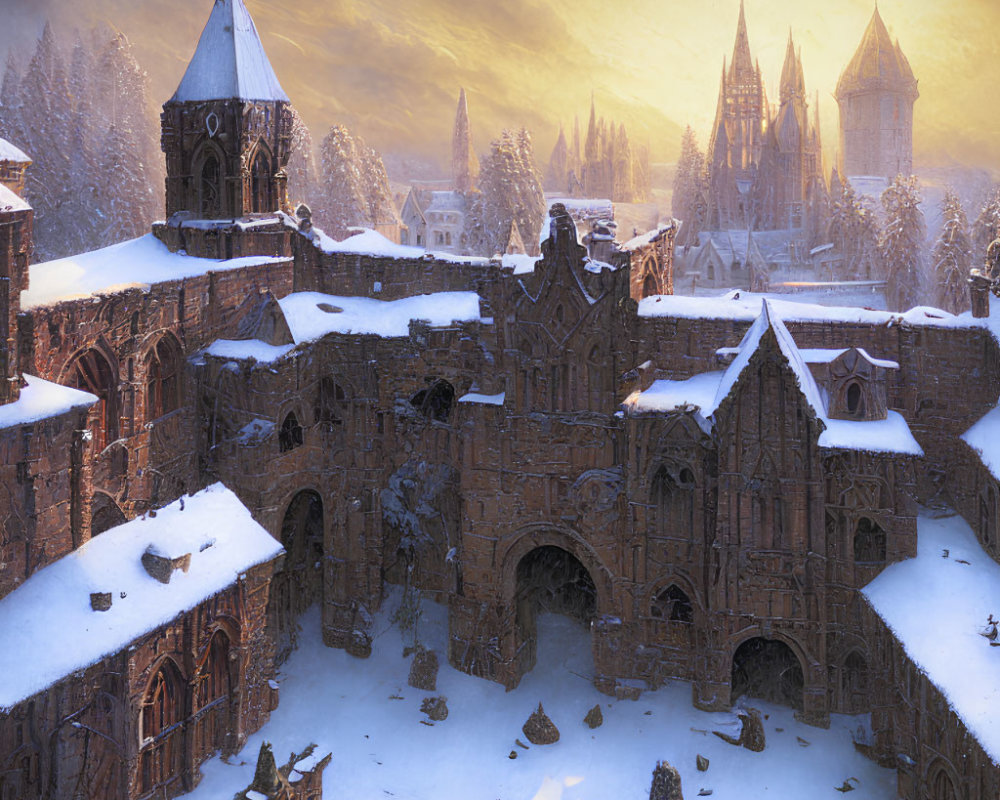 Snow-covered medieval village with historic stone buildings and church in warm sunlight