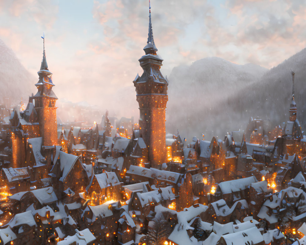 Snowy Old Town with Lit Windows, Spires, & Mountains at Dusk