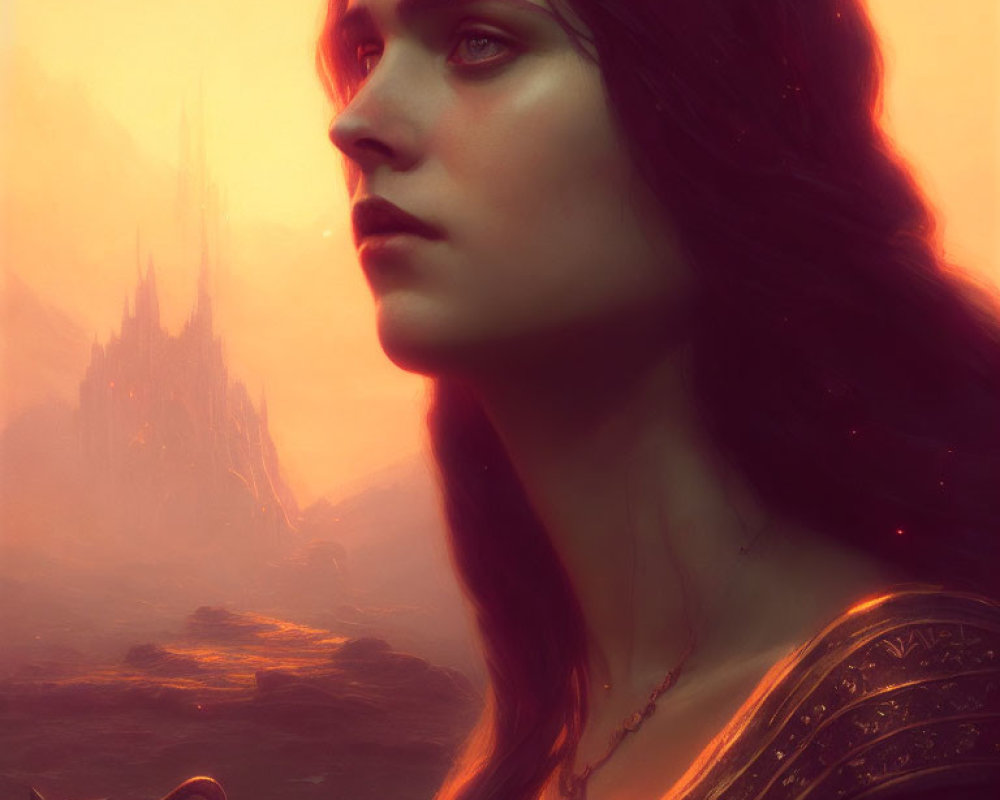 Dark-haired woman in fantasy landscape with castle: digital illustration