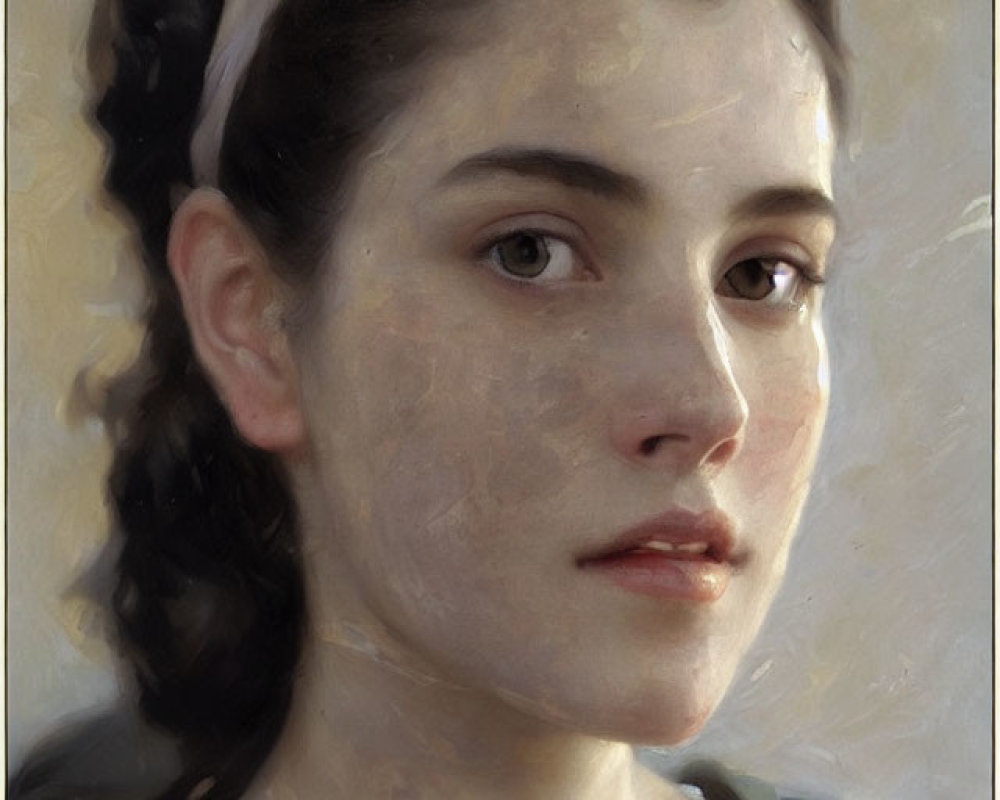 Realistic portrait of young woman with dark hair in braid and white headband