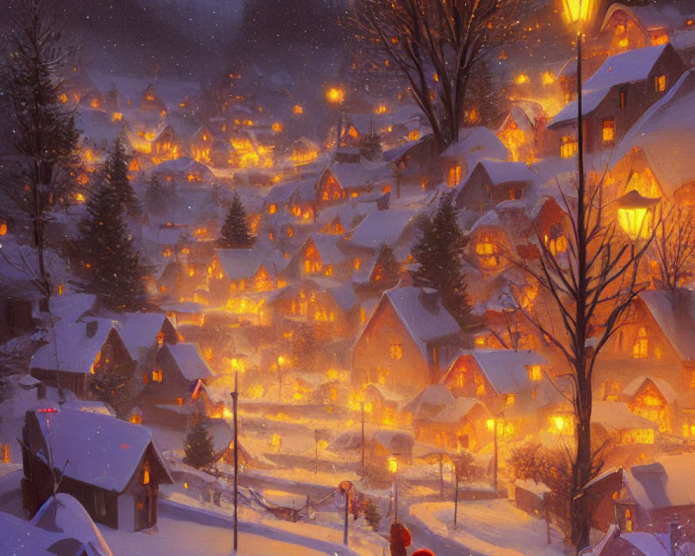 Person in red walking snowy village street under twilight sky