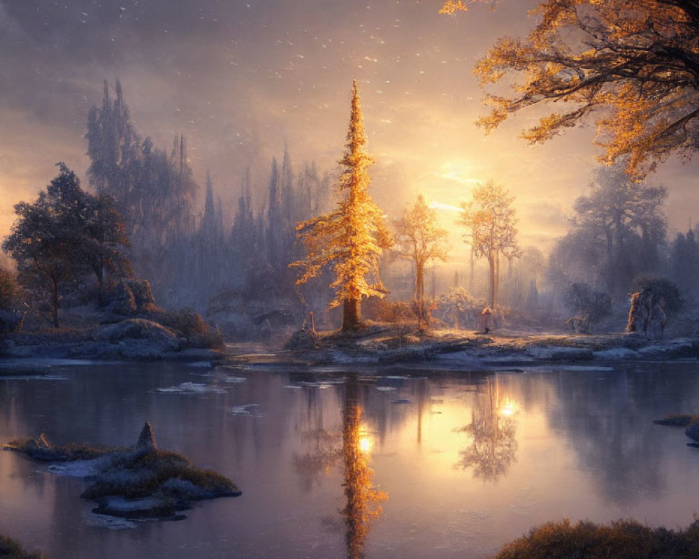 Tranquil Lake in Enchanted Forest at Sunrise