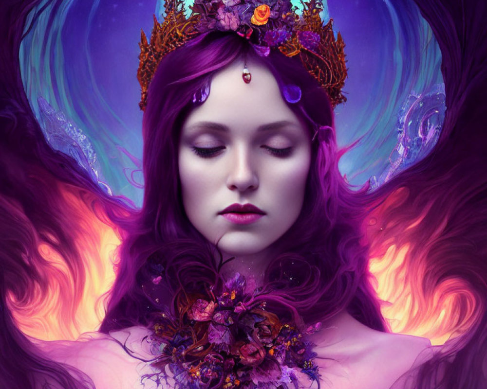 Purple-haired woman in crown and ornate neckpiece against mystical fiery backdrop with glowing orb