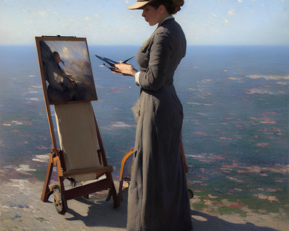 Woman in vintage dress painting on easel in countryside landscape