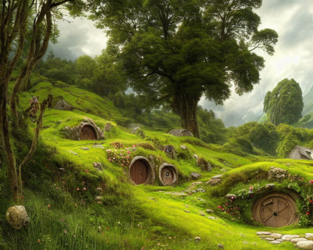 Idyllic hobbit-hole dwellings in lush green landscape