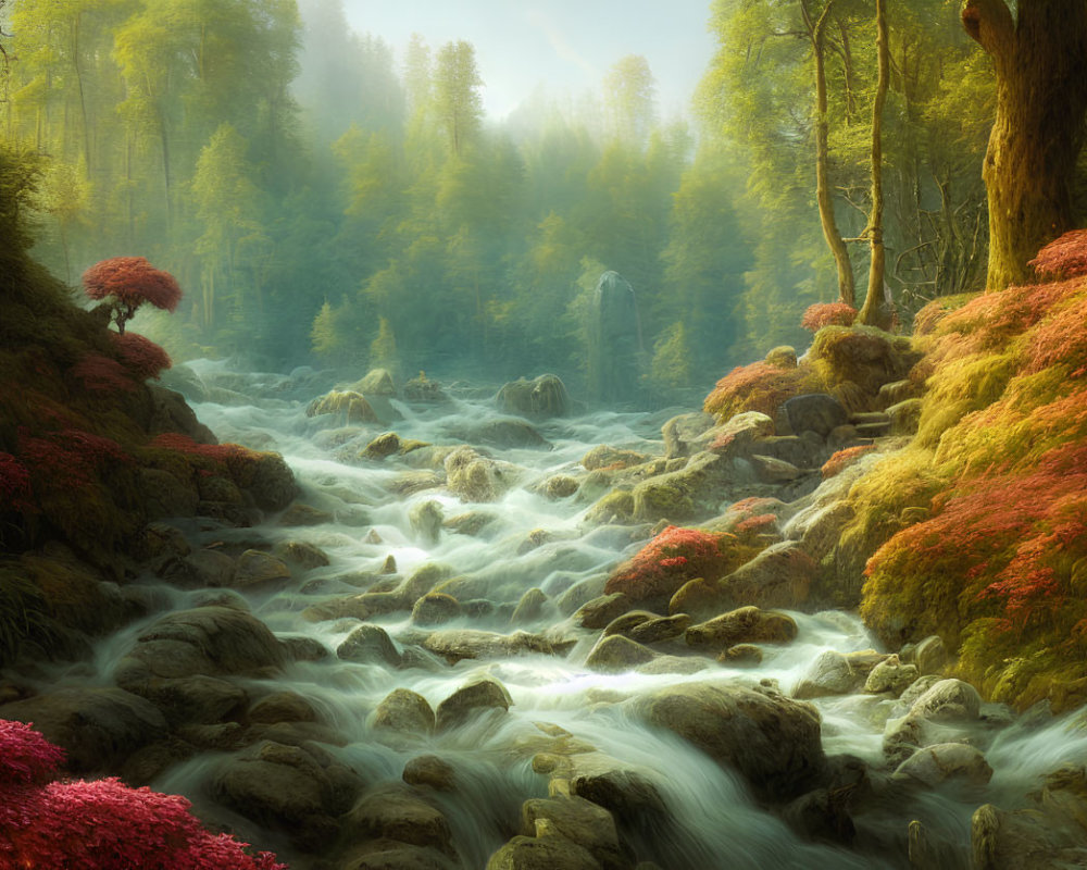 Tranquil forest landscape with misty river, autumn trees, and pink flowers