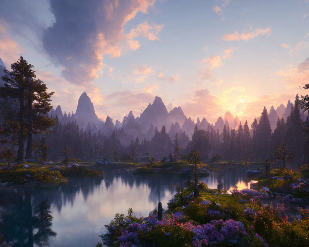 Tranquil twilight landscape with reflective lake, lush trees, wildflowers, mountains, pastel sky