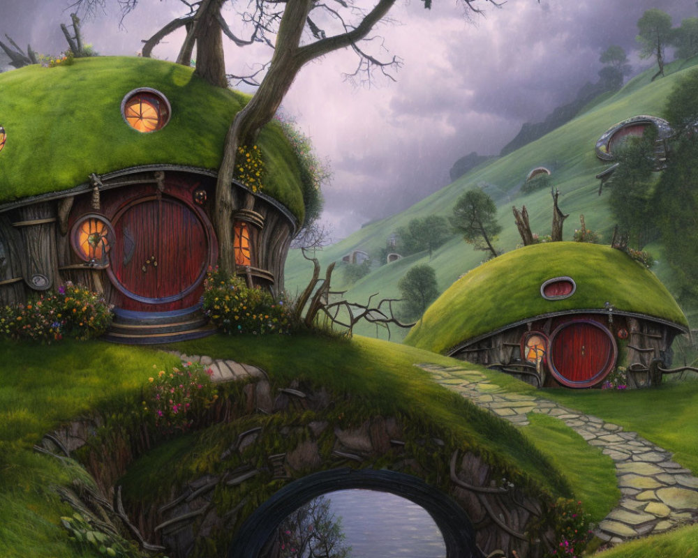 Unique round door hobbit houses in grassy hills under twilight sky