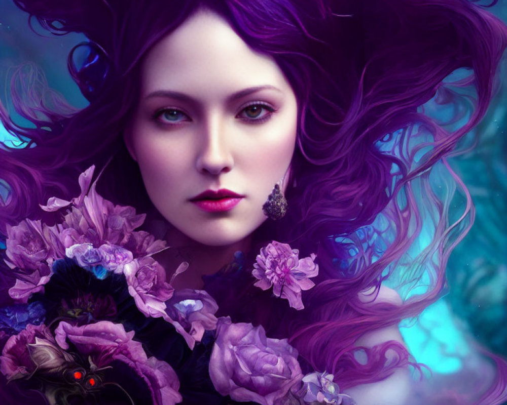 Digital artwork of woman with purple hair and green eyes among purple flowers on teal background