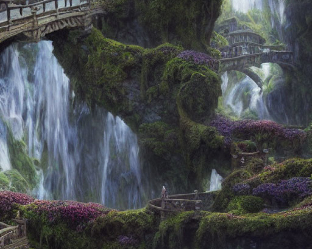 Ethereal landscape with cascading waterfalls, greenery, and wooden bridges