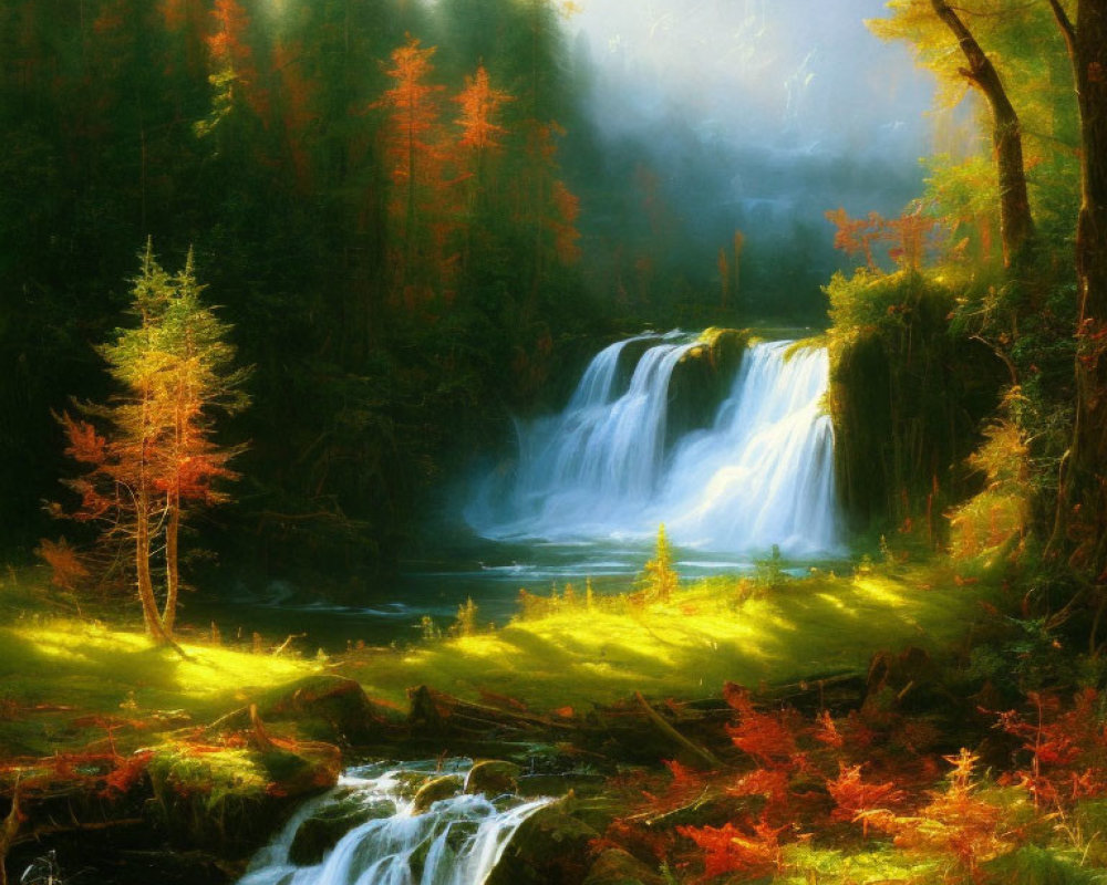 Tranquil forest waterfall in autumn sunlight