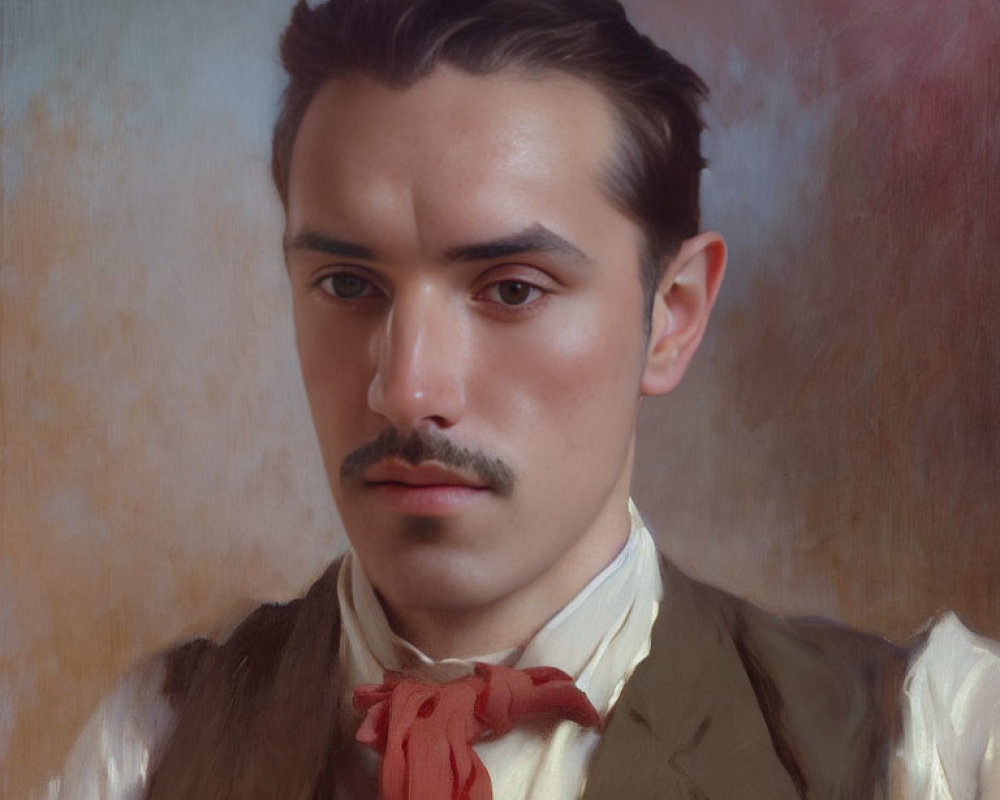 Man with Mustache in Vest and Red Neckerchief, Contemplative Portrait