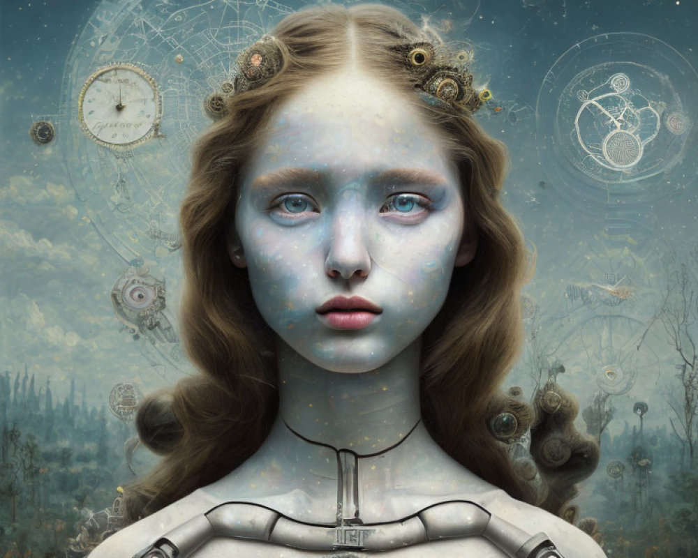 Surreal portrait of female figure with mechanical body parts in celestial-themed setting