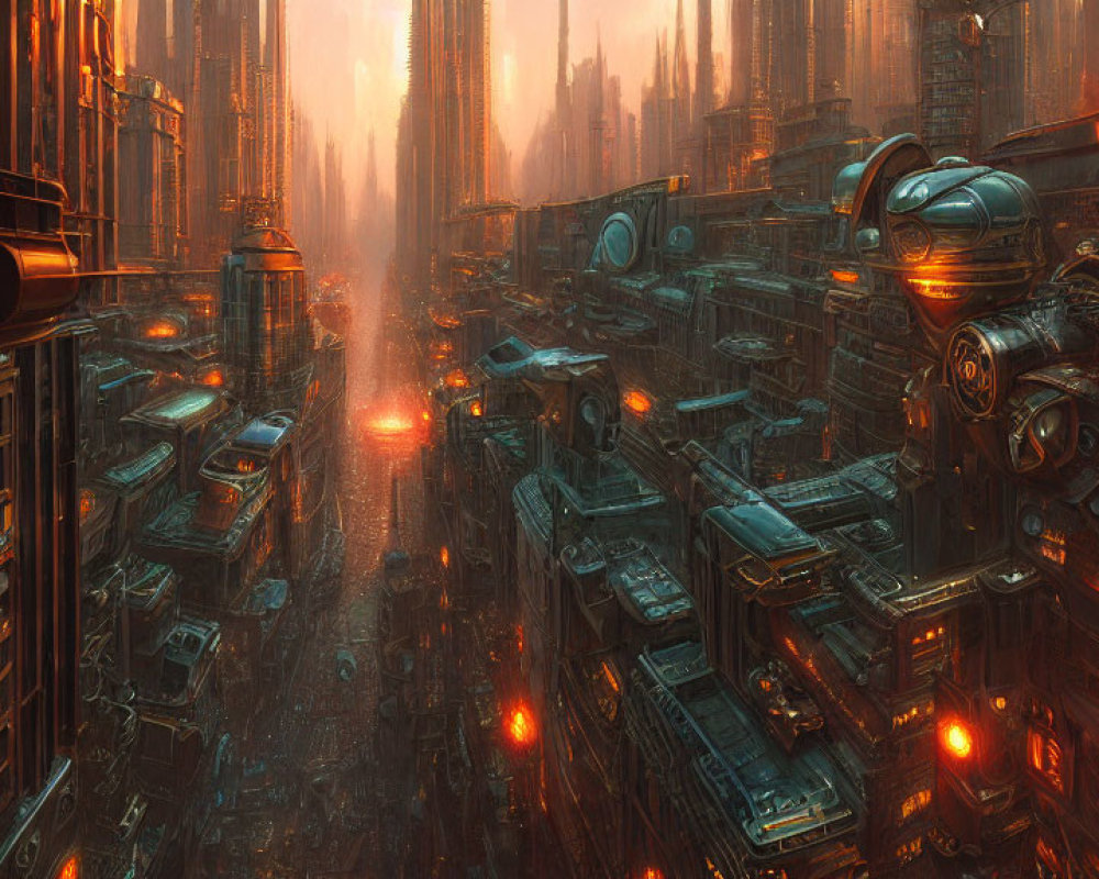 Dystopian cityscape with towering skyscrapers and futuristic vehicles