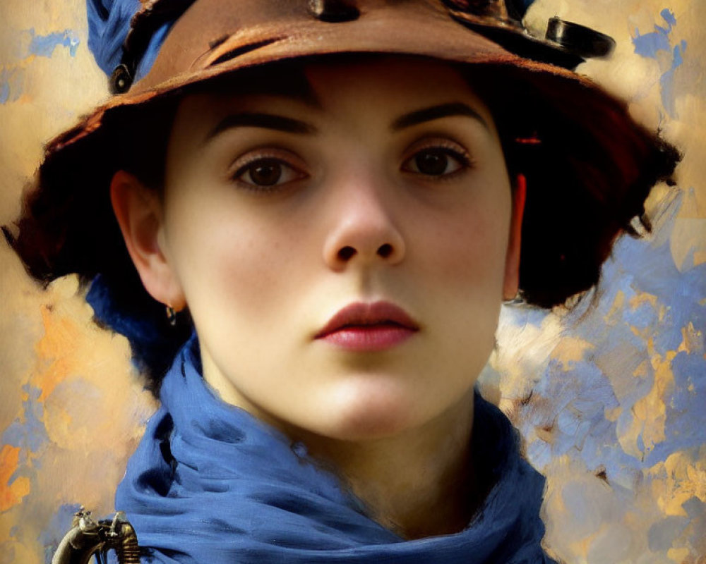 Portrait of woman with porcelain skin and dark hair in weathered hat and blue scarf on abstract golden backdrop