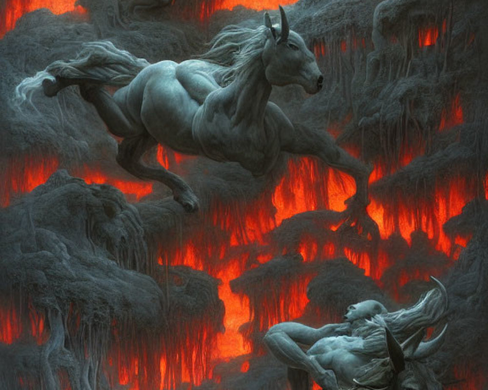 Ethereal horses in fiery landscape with twisted trees