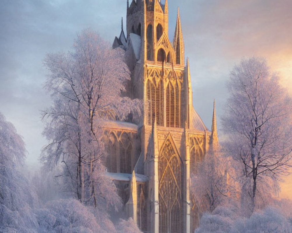 Majestic Gothic church in frosty landscape with snow-covered trees and river at sunrise