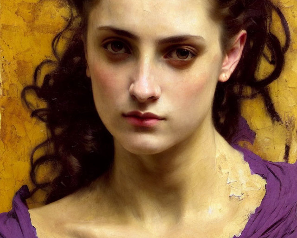 Classical portrait of woman with intense gaze and curly hair adorned with purple ribbons on yellow background