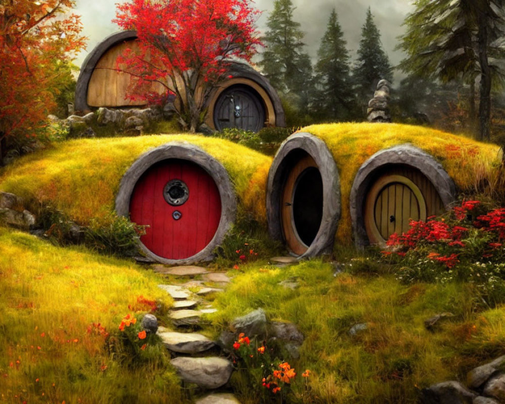 Unique hobbit-style houses in lush hillside with round doors and red flowers