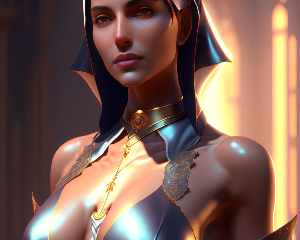 Fantasy-Inspired Female Character 3D Rendering in Glowing Cathedral Setting