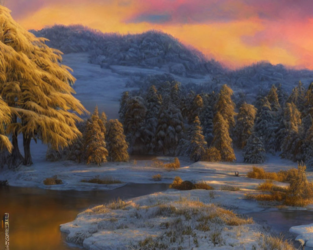 Snow-covered pine trees and frozen river in serene winter landscape.