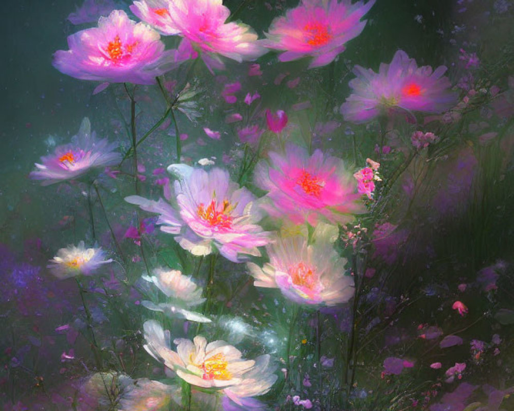 Pink and White Cosmos Flowers Painting Among Dark Green Foliage