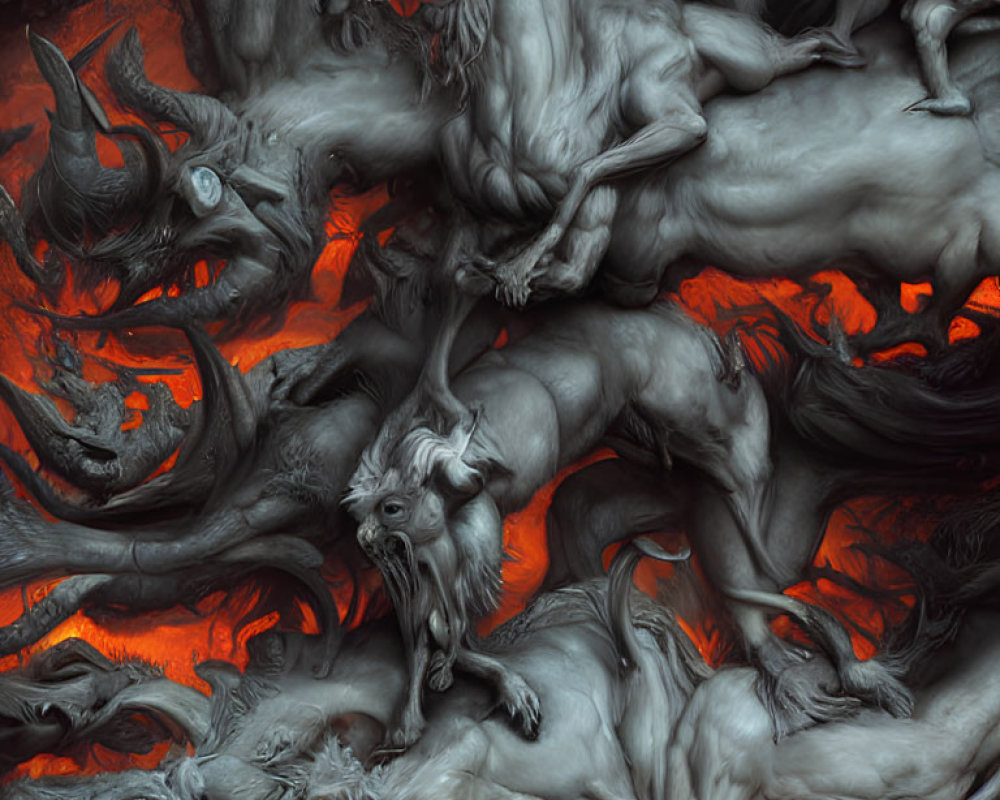 Surreal chaotic demonic creatures in red and orange tones