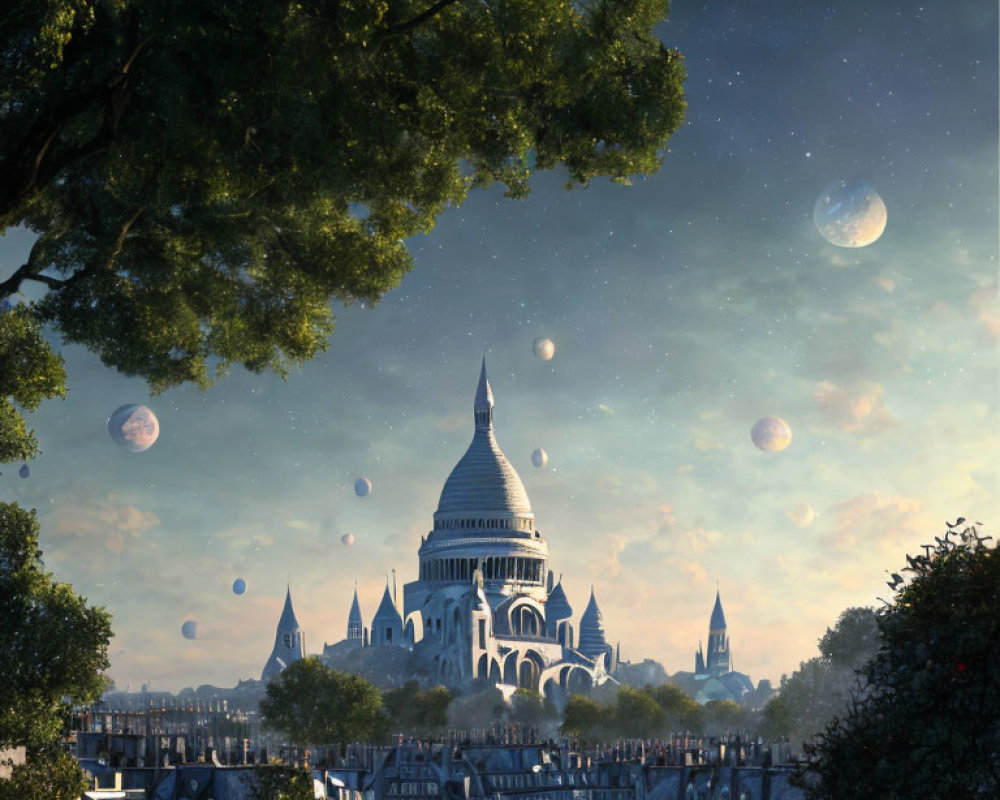 Fantasy cityscape with classical architecture under multiple moons and stars in a lush setting