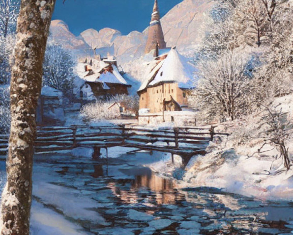 Snow-covered chapel by river with mountains in winter landscape