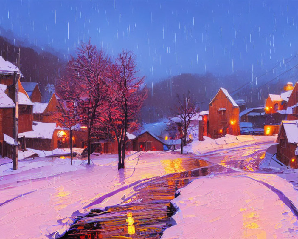 Snowy Twilight Scene: Village with Red Tree and Warmly Lit Windows