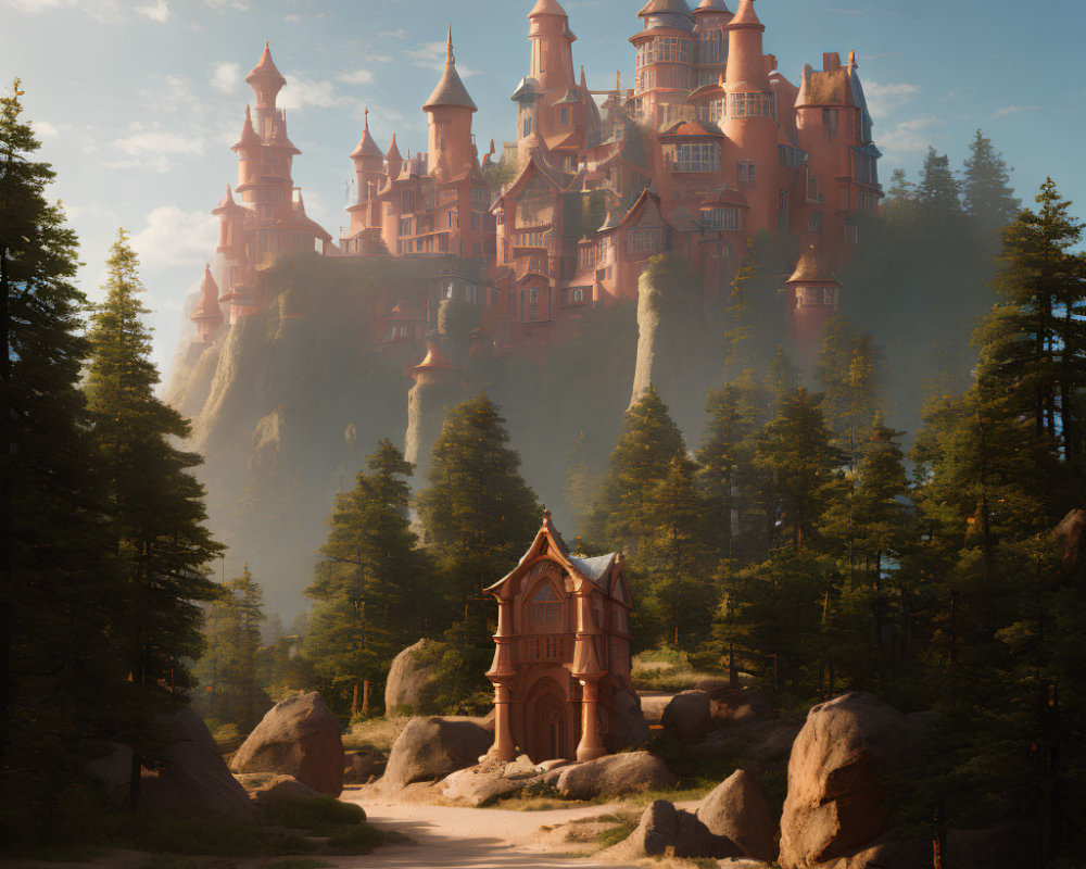 Enchanting fairytale castle surrounded by lush forests and golden sunlight