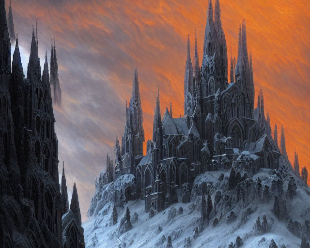 Gothic snow-covered castle under fiery sky with orange glow