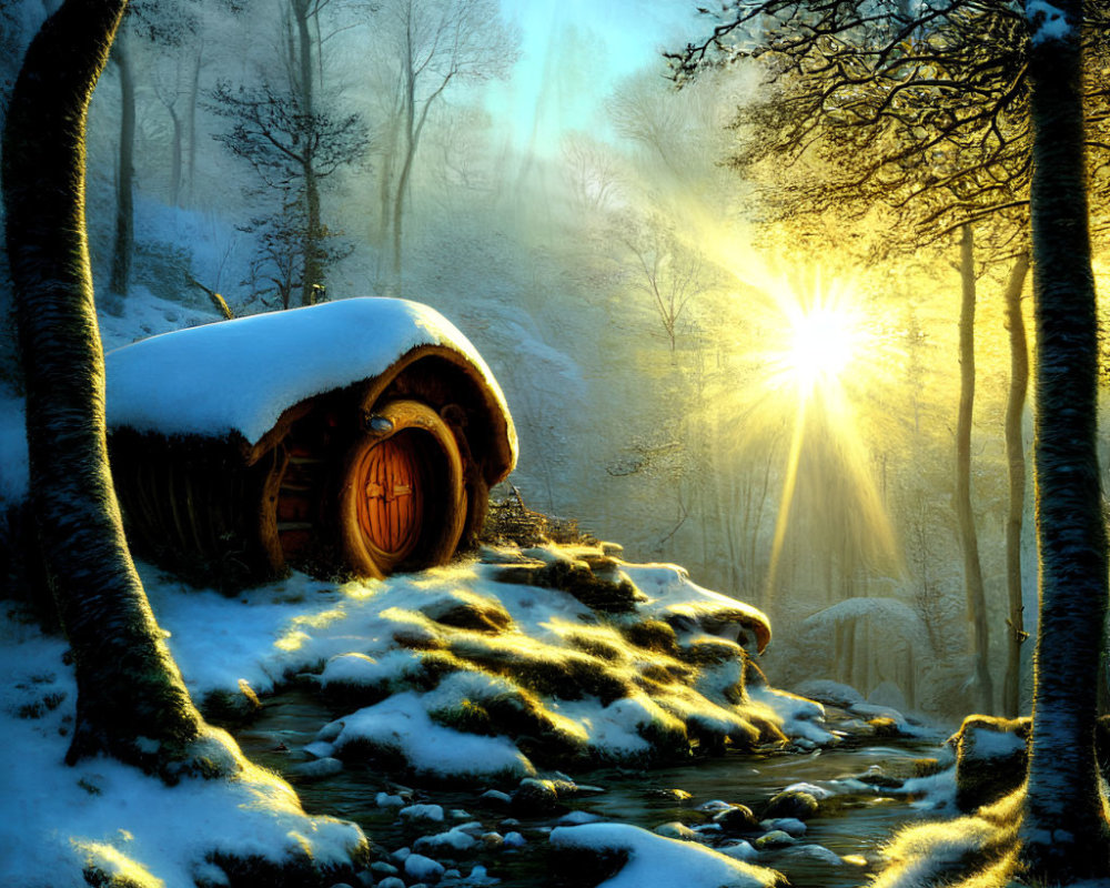 Cozy wooden cottage in snowy forest with stream at sunrise