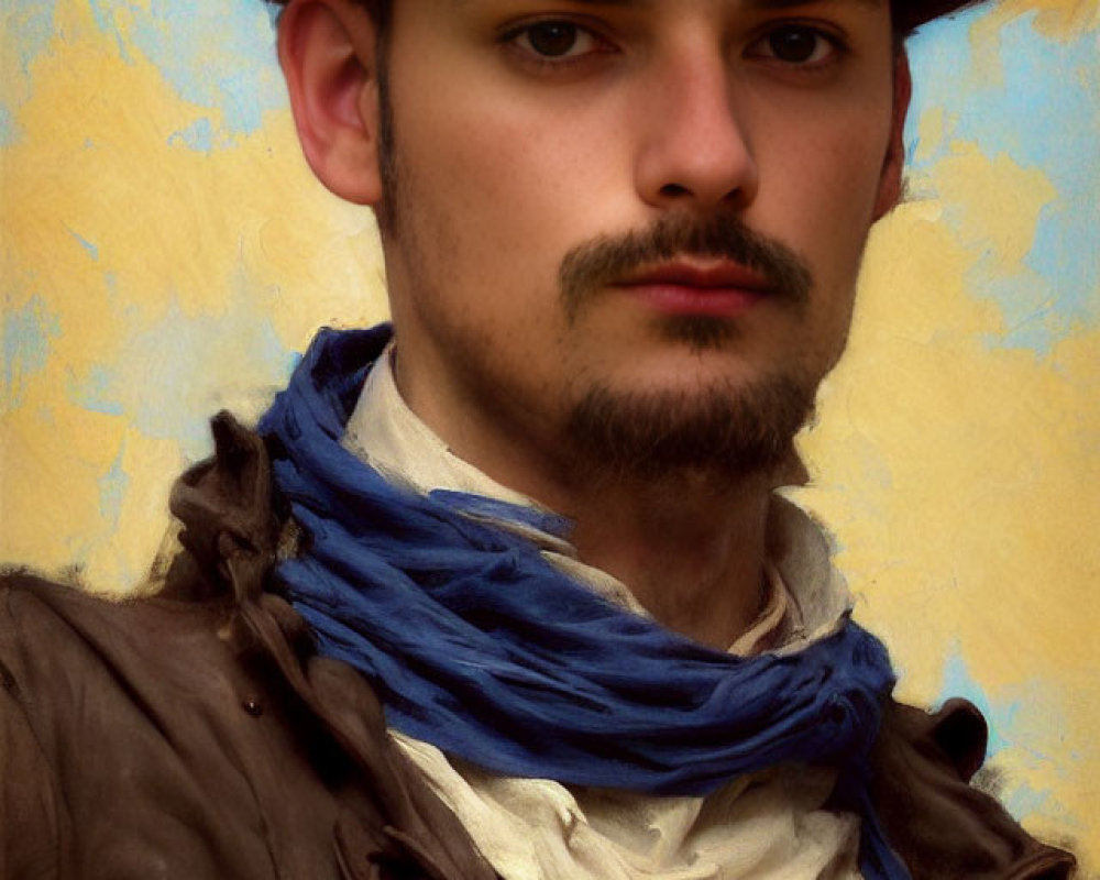 Man with Mustache in Blue Hat, Scarf & Brown Coat on Yellow Background