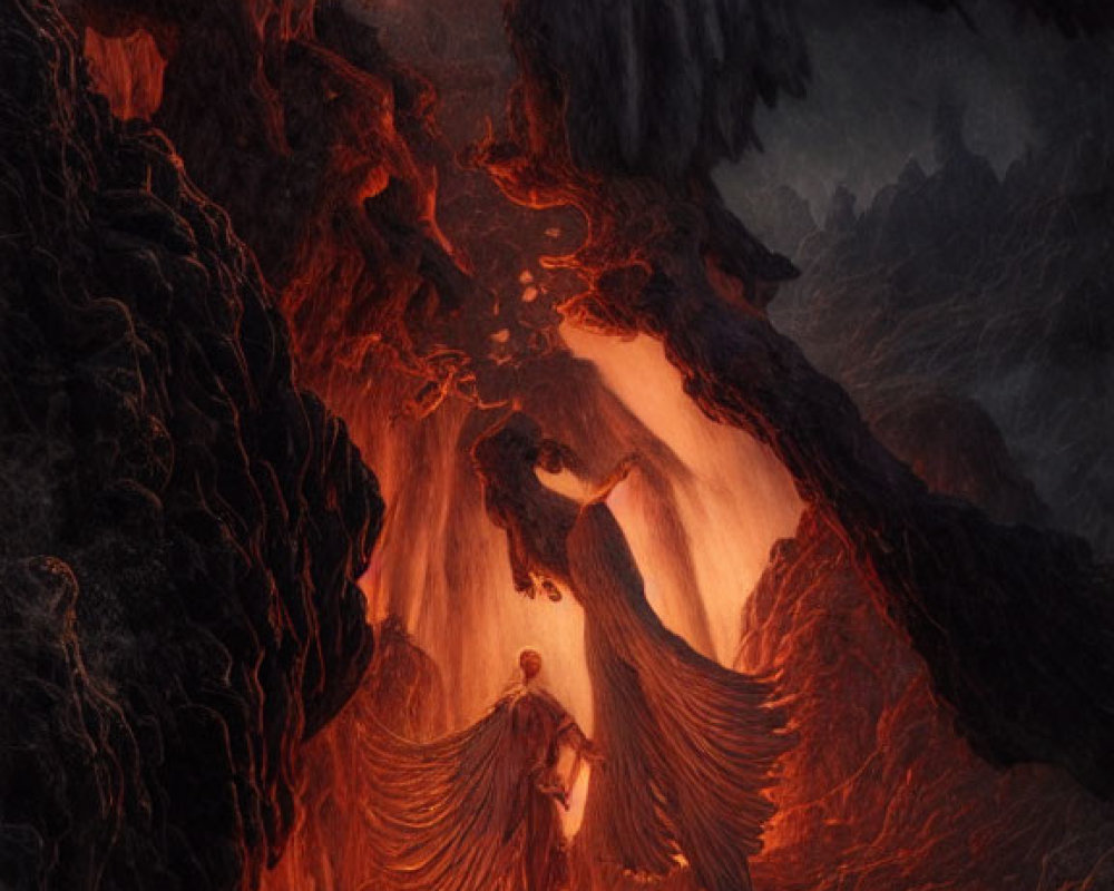 Winged figure in fiery volcanic landscape with lava and dark cliffs