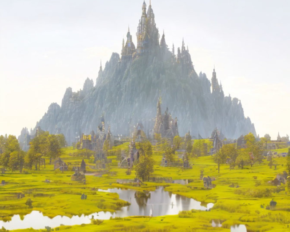 Majestic castle on rocky mountain with serene lakes & golden sky