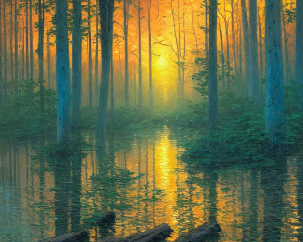 Tranquil forest landscape with tall trees reflected in calm waters