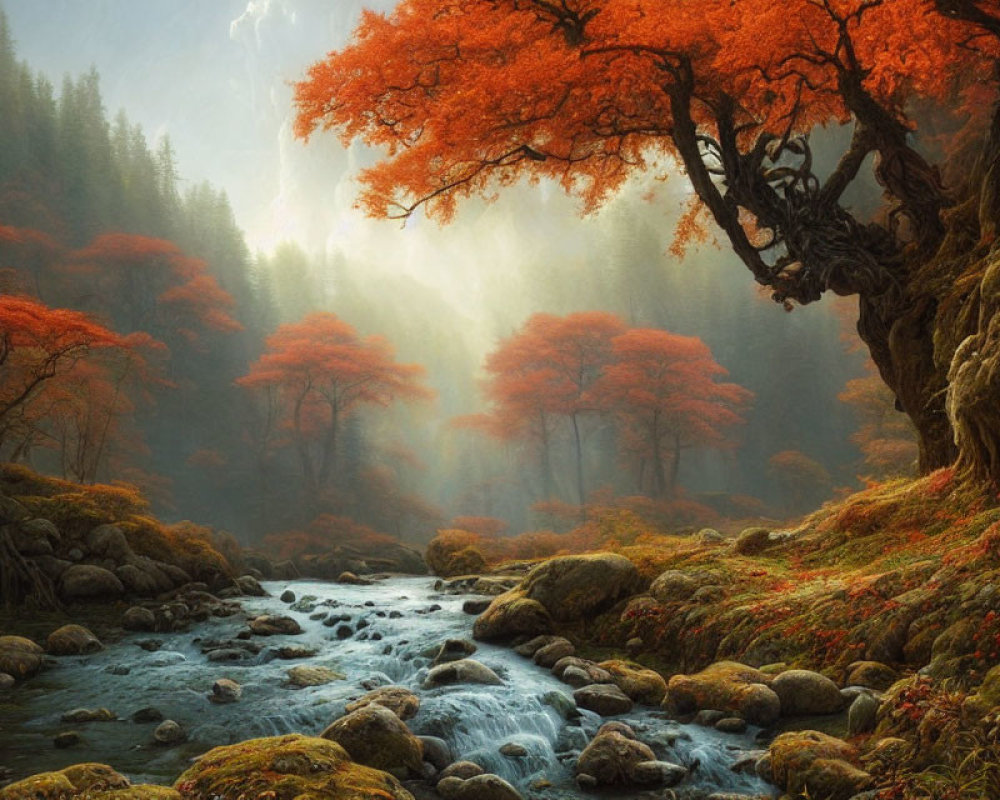 Tranquil forest landscape with babbling brook and orange-leafed trees